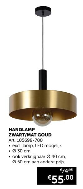 Promoties Hanglamp zwart-mat goud - Huismerk - Zelfbouwmarkt - Geldig van 19/11/2019 tot 26/12/2019 bij Zelfbouwmarkt