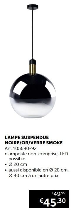 Promotions Lampe suspendue noire-or-verre smoke - Produit maison - Zelfbouwmarkt - Valide de 19/11/2019 à 26/12/2019 chez Zelfbouwmarkt
