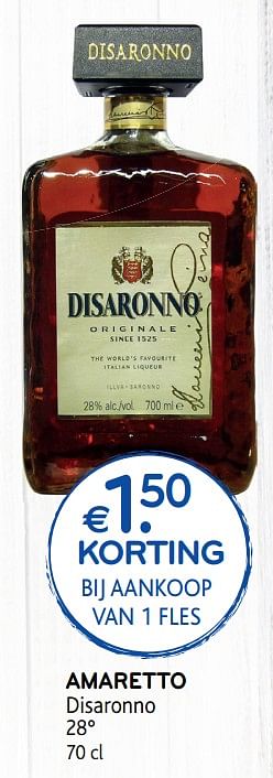 Promoties Amaretto disaronno €1. 50 korting bij aankoop van 1 fles - Disaronno - Geldig van 20/11/2019 tot 03/12/2019 bij Alvo