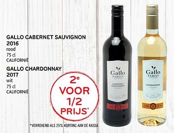 Promoties Gallo cabernet sauvignon 2016 of gallo chardonnay 2e voor 1-2 prijs2017 - Rode wijnen - Geldig van 20/11/2019 tot 03/12/2019 bij Alvo