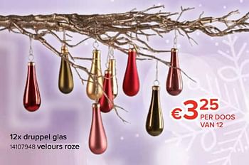 Promoties 12x druppel glas velours roze - Huismerk - Euroshop - Geldig van 22/11/2019 tot 31/12/2019 bij Euro Shop