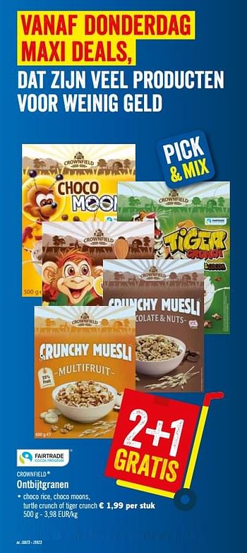 Promoties Ontbijtgranen choco rice, choco moons, turtle crunch of tiger crunch - Crownfield - Geldig van 25/11/2019 tot 30/11/2019 bij Lidl
