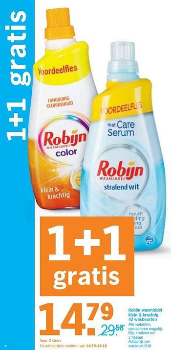 Promoties Robijn wasmiddel klein + krachtig stralend wit - Robijn - Geldig van 18/11/2019 tot 24/11/2019 bij Albert Heijn