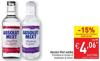 Promoties Absolut mixt wodka framboos + citroen of bcsbessen + limoen - Absolut - Geldig van 19/11/2019 tot 24/11/2019 bij Intermarche