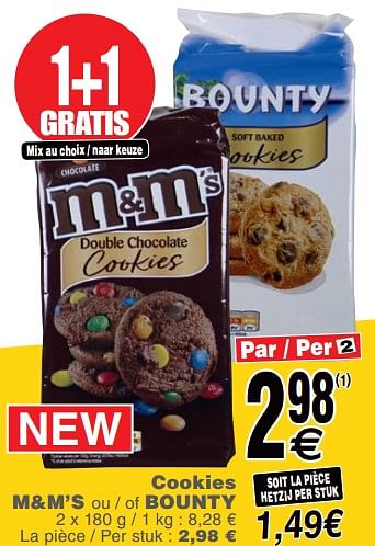 Promoties Cookies m+m`s ou - of bounty - M&M 's - Geldig van 19/11/2019 tot 25/11/2019 bij Cora
