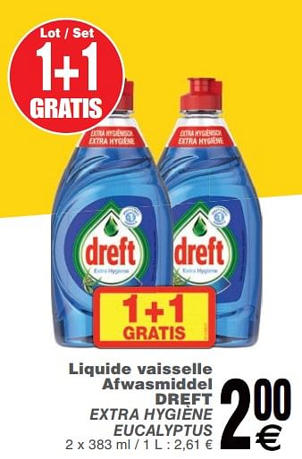 Promoties Liquide vaisselle afwasmiddel dreft extra hygiène eucalyptus - Dreft - Geldig van 19/11/2019 tot 25/11/2019 bij Cora