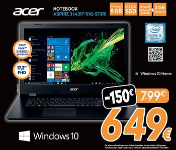 Promoties Acer notebook aspire 3 (a317-51g-573r) - Acer - Geldig van 21/11/2019 tot 02/12/2019 bij Krefel