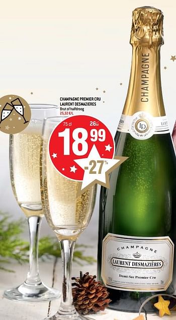 Promoties Champagne premier cru laurent desmazieres brut of halfdroog - Champagne - Geldig van 20/11/2019 tot 31/12/2019 bij Match