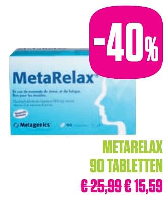 Promotions Metarelax 90 tabletten - Metagenics - Valide de 25/11/2019 à 24/02/2020 chez Medi-Market