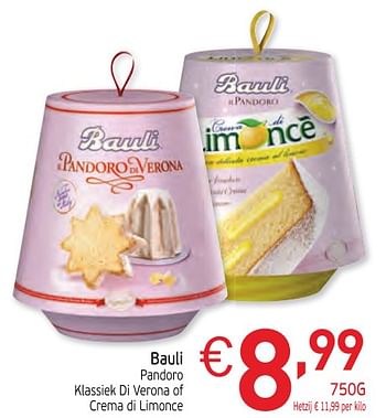 Promotions Bauli pandoro klassiek di verona of crema di limonce - Bauli - Valide de 26/11/2019 à 31/12/2019 chez Intermarche