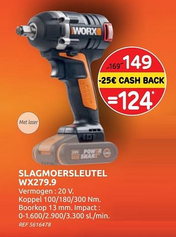 Promoties Worx SLAGMOERSLEUTEL WX279.9 - Worx - Geldig van 04/12/2019 tot 30/12/2019 bij Brico