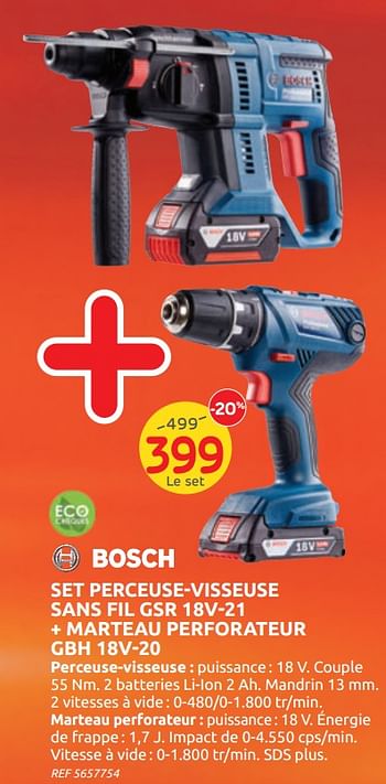 Promotions Bosch set perceuse-visseuse sans fil gsr 18v-21 + marteau perforateur gbh 18v-20 - Bosch - Valide de 04/12/2019 à 30/12/2019 chez Brico
