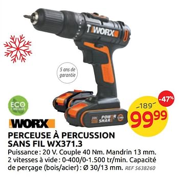 Promotions Perceuse à percussion sans fil wx371.3 worx - Worx - Valide de 04/12/2019 à 30/12/2019 chez Brico