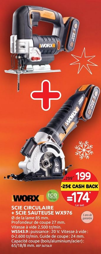 Promotions Scie circulaire + scie sauteuse wx976 worx - Worx - Valide de 04/12/2019 à 30/12/2019 chez Brico