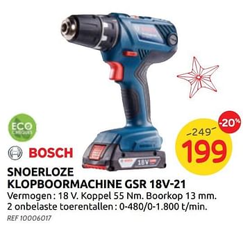 Promoties Bosch snoerloze klopboormachine gsr 18v-21 - Bosch - Geldig van 04/12/2019 tot 30/12/2019 bij BricoPlanit