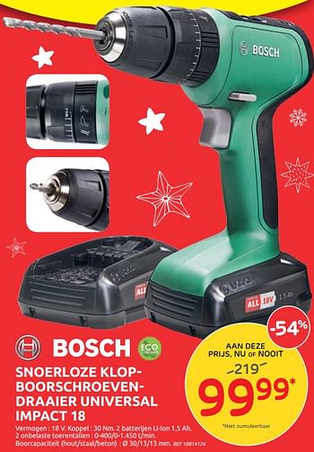 Promoties Snoerloze klopschroefboormachine draaier universal impact 18 bosch - Bosch - Geldig van 04/12/2019 tot 30/12/2019 bij BricoPlanit