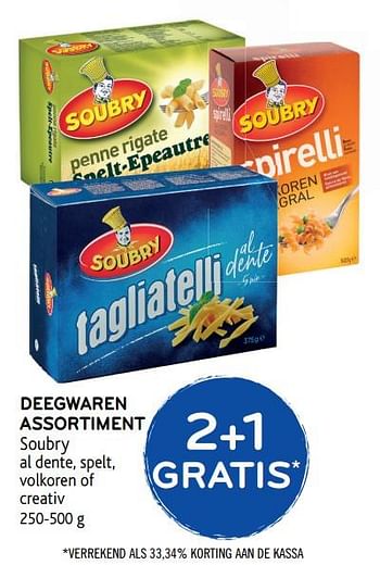 Promoties 2+1 gratis deegwaren assortiment soubry al dente, spelt, volkoren of creativ - Soubry - Geldig van 04/12/2019 tot 17/12/2019 bij Alvo
