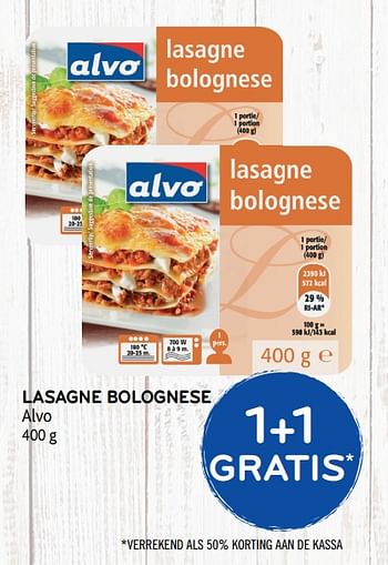 Promoties 1+1 gratis lasagne bolognese alvo - Huismerk - Alvo - Geldig van 04/12/2019 tot 17/12/2019 bij Alvo