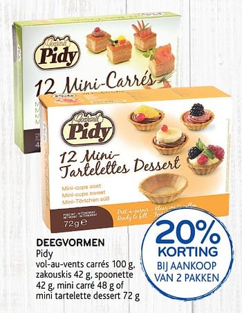 Promoties 20% korting bij aankoop van 2 pakken deegvormen pidy - Pidy - Geldig van 04/12/2019 tot 17/12/2019 bij Alvo