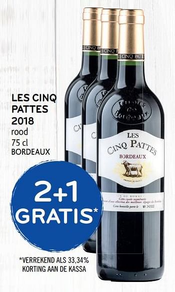 Promoties 2+1 gratis les cinq pattes 2018 rood - Rode wijnen - Geldig van 04/12/2019 tot 17/12/2019 bij Alvo