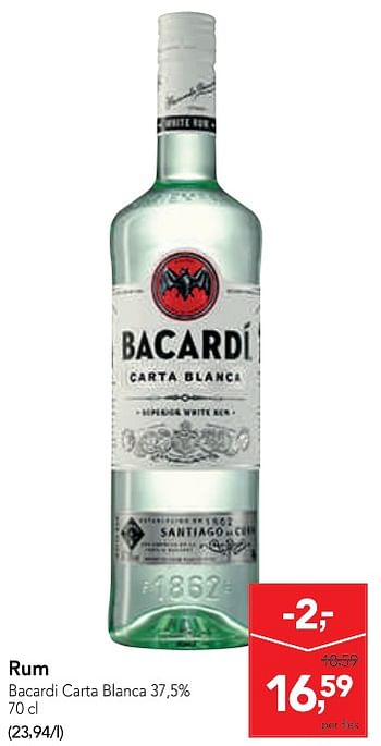 Promoties Rum bacardi carta blanca - Bacardi - Geldig van 04/12/2019 tot 17/12/2019 bij Makro