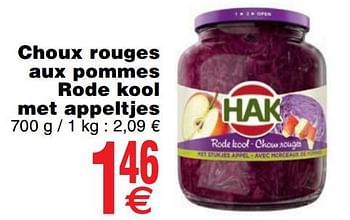 Promoties Choux rouges aux pommes rode kool met appeltjes - Hak - Geldig van 03/12/2019 tot 09/12/2019 bij Cora