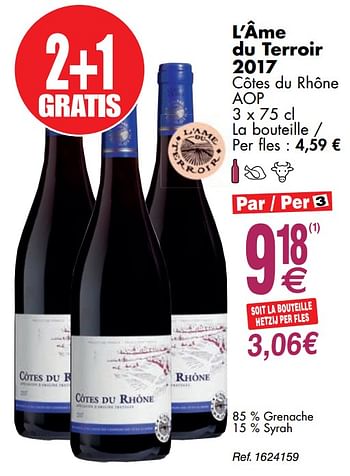 Promoties L`âme du terroir 2017 côtes du rhône aop - Rode wijnen - Geldig van 03/12/2019 tot 09/12/2019 bij Cora