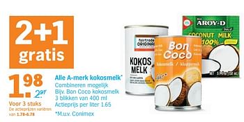 Promoties Alle a-merk kokosmelk bon coco kokosmelk - Huismerk - Albert Heijn - Geldig van 02/12/2019 tot 08/12/2019 bij Albert Heijn