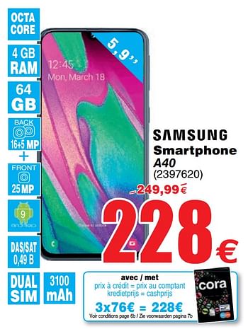 Promoties Samsung smartphone a40 - Samsung - Geldig van 03/12/2019 tot 16/12/2019 bij Cora