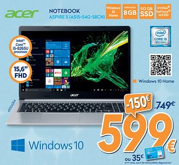 Promotions Acer notebook aspire 5 a515-54g-58cn - Acer - Valide de 03/12/2019 à 31/12/2019 chez Krefel