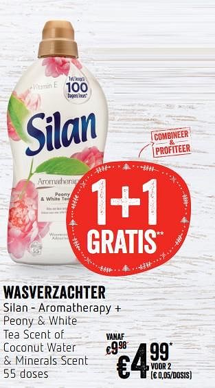Promoties Wasverzachter silan - aromatherapy + peony + white tea scent of coconut water + minerals scent - Silan - Geldig van 05/12/2019 tot 11/12/2019 bij Delhaize