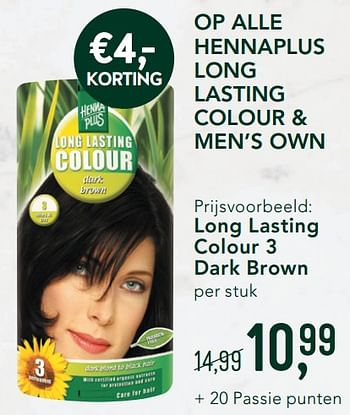 Promotions Op alle hennaplus long lasting colour + men`s own long lasting colour 3 dark brown - Henna Plus - Valide de 02/12/2019 à 29/12/2019 chez Holland & Barret