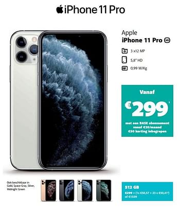 Promoties Apple iphone 11 pro 512 gb - Apple - Geldig van 05/12/2019 tot 06/01/2020 bij Base