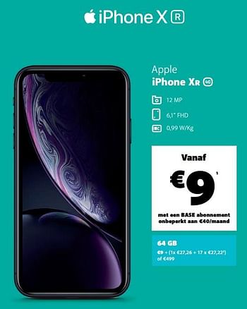 Promoties Apple iphone xr 64gb - Apple - Geldig van 05/12/2019 tot 06/01/2020 bij Base