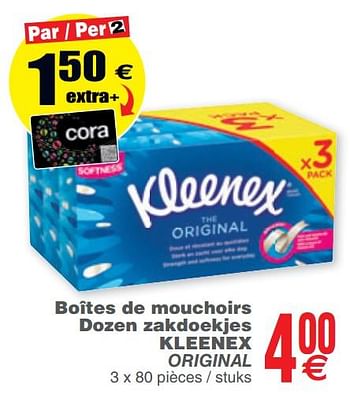 Promoties Boîtes de mouchoirs dozen zakdoekjes kleenex - Kleenex - Geldig van 10/12/2019 tot 16/12/2019 bij Cora