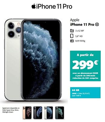 Promotions Apple iphone 11 pro 64 gb - Apple - Valide de 05/12/2019 à 06/01/2020 chez Base