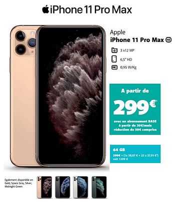 Promotions Apple iphone 11 pro max 64gb - Apple - Valide de 05/12/2019 à 06/01/2020 chez Base