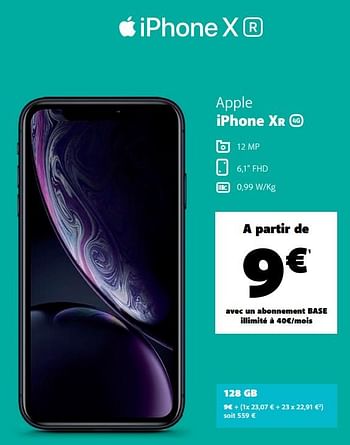 Promotions Apple iphone xr 128gb - Apple - Valide de 05/12/2019 à 06/01/2020 chez Base