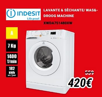 Promotions Indesit lavante + sèchante- was+- droog machine xwda751480xw - Indesit - Valide de 01/12/2019 à 31/12/2019 chez Direct Electro