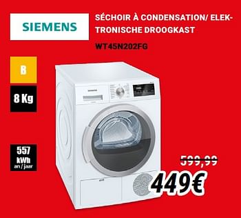 Promotions Siemens séchoir à condensation- elektronische droogkast wt45n202fg - Siemens - Valide de 01/12/2019 à 31/12/2019 chez Direct Electro