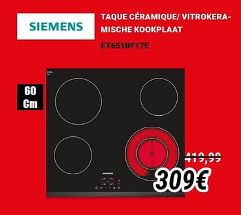 Promotions Siemens taque céramique- vitrokeramische kookplaat et651bf17e - Siemens - Valide de 01/12/2019 à 31/12/2019 chez Direct Electro