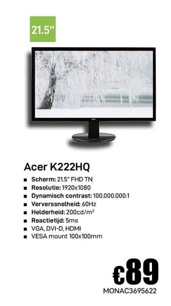 Promoties Acer k222hq - Acer - Geldig van 02/12/2019 tot 02/01/2020 bij Compudeals