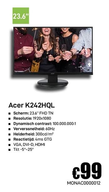 Promoties Acer k242hql - Acer - Geldig van 02/12/2019 tot 02/01/2020 bij Compudeals