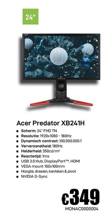 Promoties Acer predator xb241h - Acer - Geldig van 02/12/2019 tot 02/01/2020 bij Compudeals
