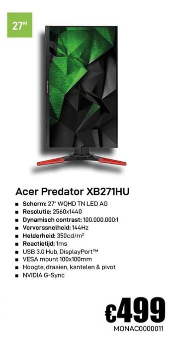 Promoties Acer predator xb271hu - Acer - Geldig van 02/12/2019 tot 02/01/2020 bij Compudeals