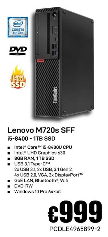 Promoties Lenovo m720s sff i5-8400 - itb ssd - Lenovo - Geldig van 02/12/2019 tot 02/01/2020 bij Compudeals