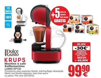 Promoties Krups machine à café koffiemachine lumio kp130 - Krups - Geldig van 10/12/2019 tot 24/12/2019 bij Cora