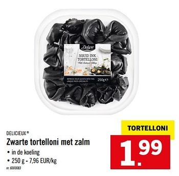 Promoties Zwarte tortelloni met zalm - Delicieux - Geldig van 16/12/2019 tot 21/12/2019 bij Lidl