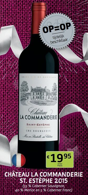 Promotions Château la commanderie st. estèphe 2015 - Vins rouges - Valide de 06/12/2019 à 19/12/2019 chez BelBev