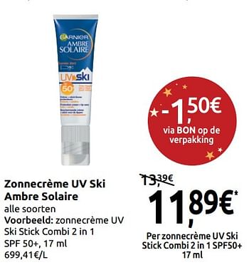 Promoties Zonnecrème uv ski stick combi 2 in 1 spf 50+ - Garnier - Geldig van 11/12/2019 tot 16/12/2019 bij Carrefour